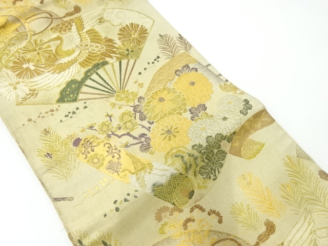 アンティーク　扇面に花鳥模様織出し丸帯（材料）